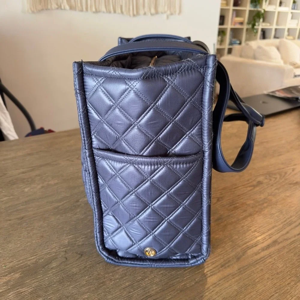 NEW Joan & David Navy Blue Quilted Nylon Large Tote Bag Gold Hardware w/ Pouch